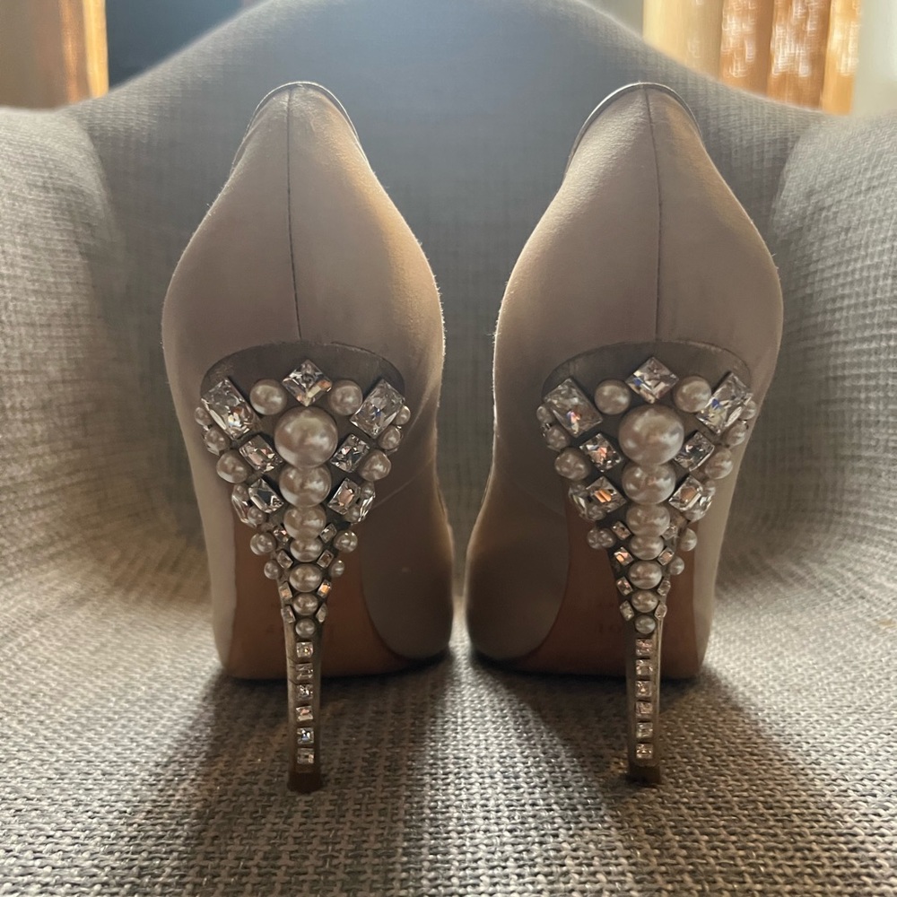 Authentic Dior open toes, nude high heels adorned with pearls and cyrstals.